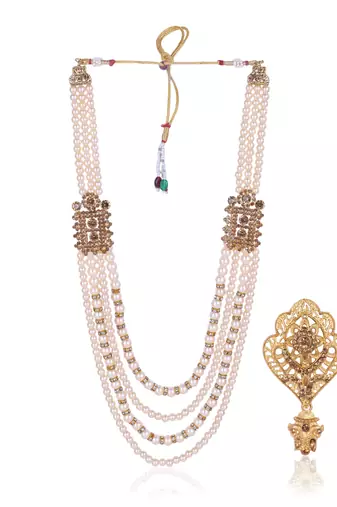   groom sherwani necklace moti mala layered for wedding | groom mala with brooch set