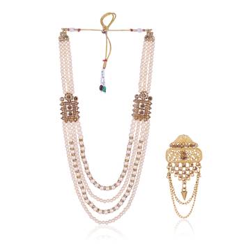   groom sherwani necklace moti mala layered for wedding | groom mala with brooch set 2