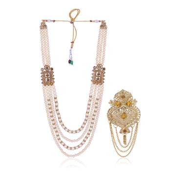  groom sherwani necklace moti mala layered for wedding | groom mala with brooch set 2