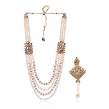   groom sherwani necklace moti mala layered for wedding | groom mala with brooch set 2