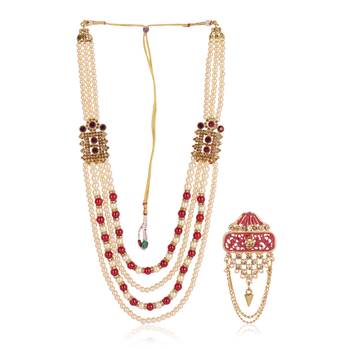  groom sherwani necklace moti mala layered for wedding | groom mala with brooch set 2
