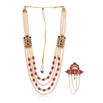  groom sherwani necklace moti mala layered for wedding | groom mala with brooch set 2