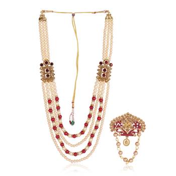   groom sherwani necklace moti mala layered for wedding | groom mala with brooch set 2