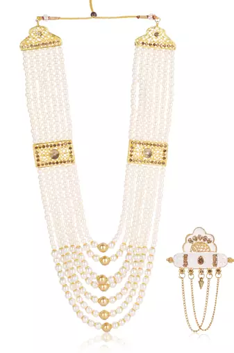   groom sherwani necklace moti mala layered for wedding | groom mala with brooch set