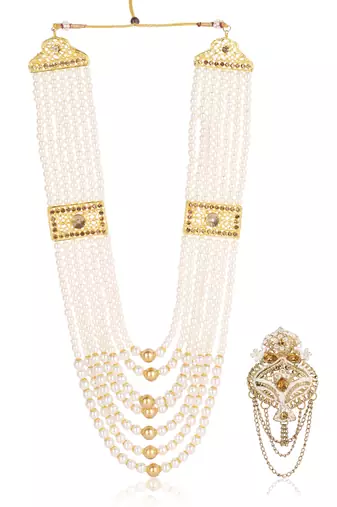   groom sherwani necklace moti mala layered for wedding | groom mala with brooch set