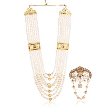   groom sherwani necklace moti mala layered for wedding | groom mala with brooch set 2