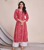  red linen bandhani straight kurta