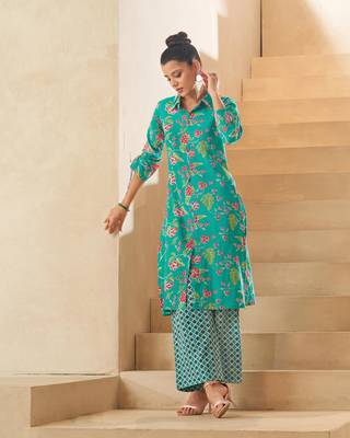 Sky blue floral a-line cotton kurta set 1
