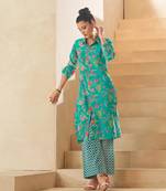 Sky blue floral a-line cotton kurta set