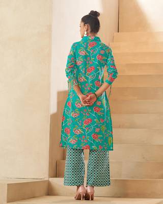 Sky blue floral a-line cotton kurta set 2