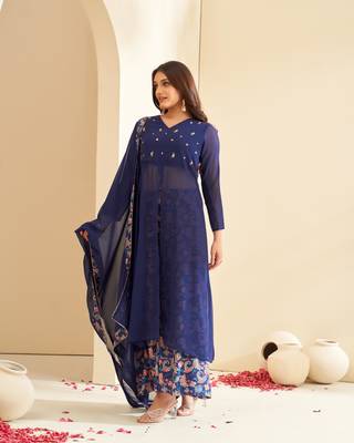 Dresoul navy blue floral printed with hand embroidery straight kurta set with dupatta 1