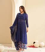 Dresoul navy blue floral printed with hand embroidery straight kurta set with dupatta