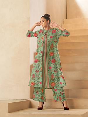 Pista green digital floral printed dola silk kurta set 1