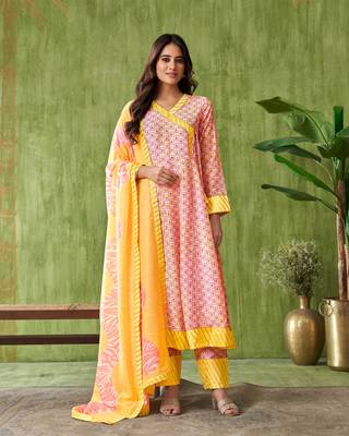 Dresoul floral printed angrakha pure cotton v-neck a-line kurta with trouser &dupatta 1