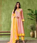 Dresoul floral printed angrakha pure cotton v-neck a-line kurta with trouser &dupatta