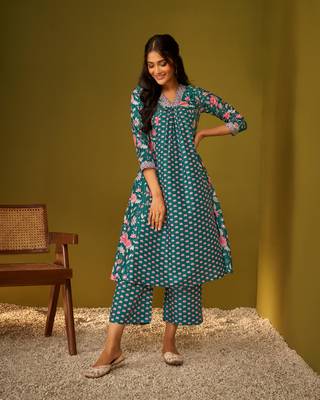 Teal blue digital floral print panelled kurta and palazzo set 1