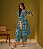 Teal blue digital floral print panelled kurta and palazzo set