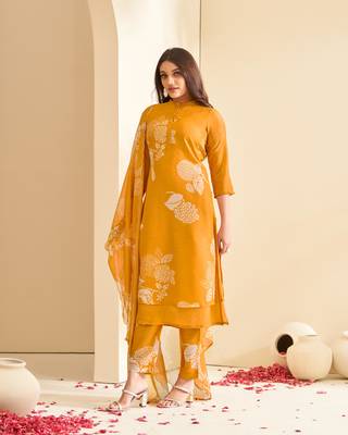 Dresoul mustard floral printed straight kurta set with dupatta 1