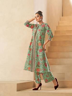 Pista green digital floral printed dola silk kurta set 2