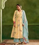Dresoul yellow embroidered flared kurta set with pink embellished dupatta
