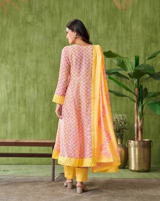 Dresoul floral printed angrakha pure cotton v-neck a-line kurta with trouser &dupatta 2