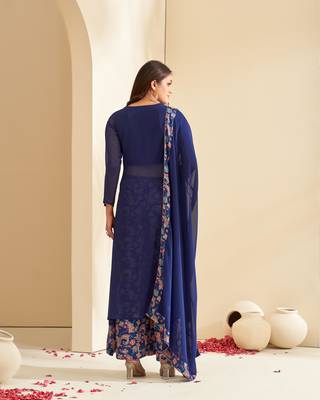 Dresoul navy blue floral printed with hand embroidery straight kurta set with dupatta 3