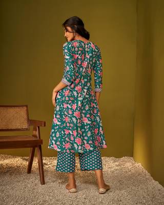 Teal blue digital floral print panelled kurta and palazzo set 2
