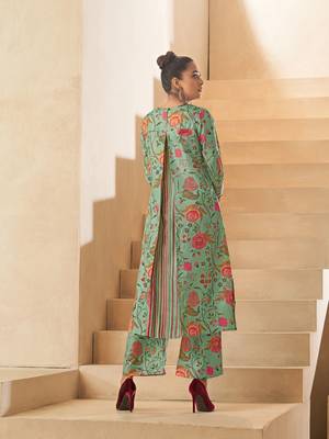 Pista green digital floral printed dola silk kurta set 3