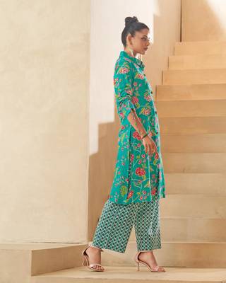 Sky blue floral a-line cotton kurta set 3