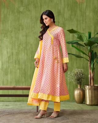 Dresoul floral printed angrakha pure cotton v-neck a-line kurta with trouser &dupatta 3