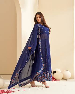 Dresoul navy blue floral printed with hand embroidery straight kurta set with dupatta 4