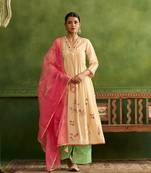 Dresoul white embroidered flared kurta set with pink embellished dupatta