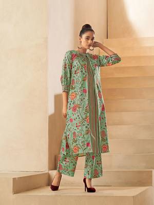 Pista green digital floral printed dola silk kurta set 4