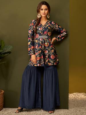 Dresoul navy blue floral print peplum kurta and sharara set 1