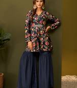 Dresoul navy blue floral print peplum kurta and sharara set