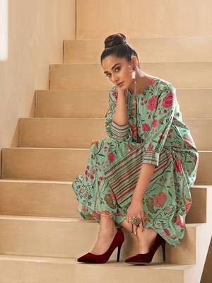 Pista green digital floral printed dola silk kurta set 5