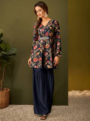 Dresoul navy blue floral print peplum kurta and sharara set 2