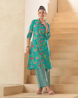 Sky blue floral a-line cotton kurta set 4