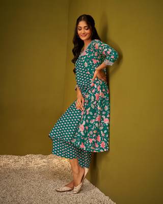 Teal blue digital floral print panelled kurta and palazzo set 5