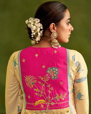 Dresoul yellow embroidered flared kurta set with pink embellished dupatta 5