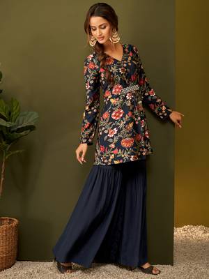 Dresoul navy blue floral print peplum kurta and sharara set 3