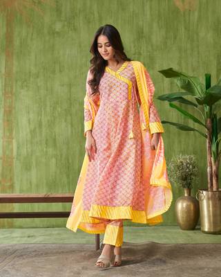 Dresoul floral printed angrakha pure cotton v-neck a-line kurta with trouser &dupatta 5