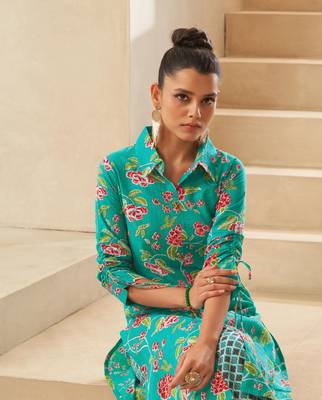 Sky blue floral a-line cotton kurta set 5