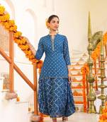 indigo ethnic motif printed georgette draped maxi dress with sequins