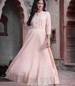 Peach solid cotton maxi dress with beads work