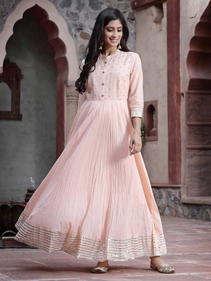 Peach solid cotton maxi dress with beads work
