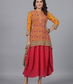 mustard floral printed georgette draped maxi dress with sequins work