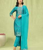 Vredevogel  women cotton silk blend kurta and pant sets with handwork and dupatta