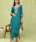 Vredevogel  women   s viscose roman silk embroidery straight kurta pant with dupatta set