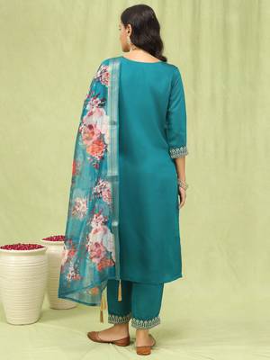 Vredevogel  women   s viscose roman silk embroidery straight kurta pant with dupatta set 2